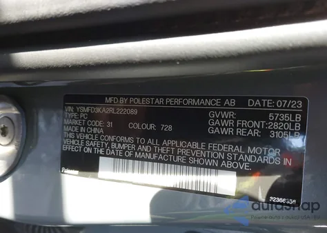 2024 Polestar 2 Long Range Dual Motor/Long Range Dual Motor Plus z USA, uszkodzony, nr VIN YSMFD3KA2RL222089